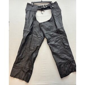 Diamond Plate Genuine Black Leather Motorcycle Chaps Mens Large Biker Gear